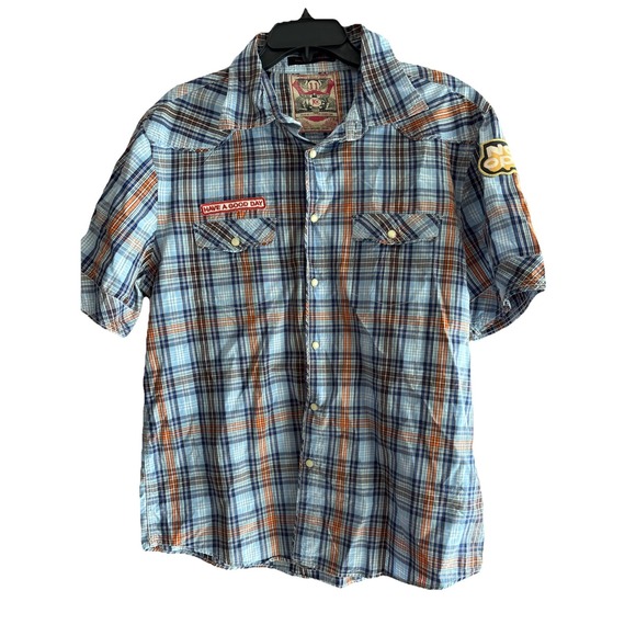 Pearl Other - Just A Cheap Shirt Mens XXL Blue Orange Plaid Short Sleeve Pearl Snap Patches